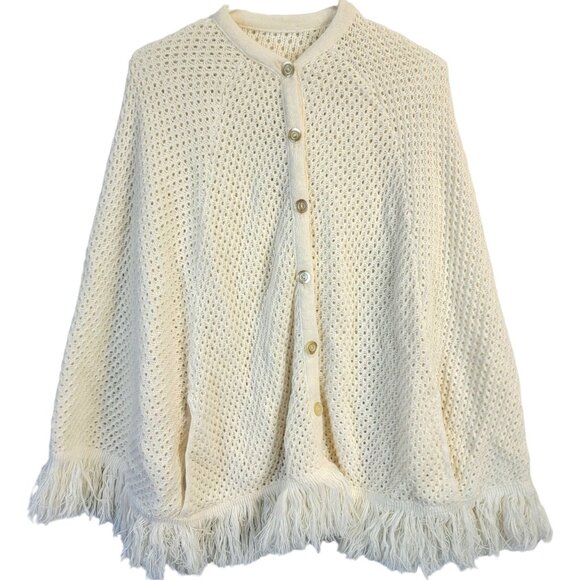 Vintage Sweaters - Vintage 70s Crochet Poncho Cardigan Wrap Jacket Shawl Women One Size Fall Winter
